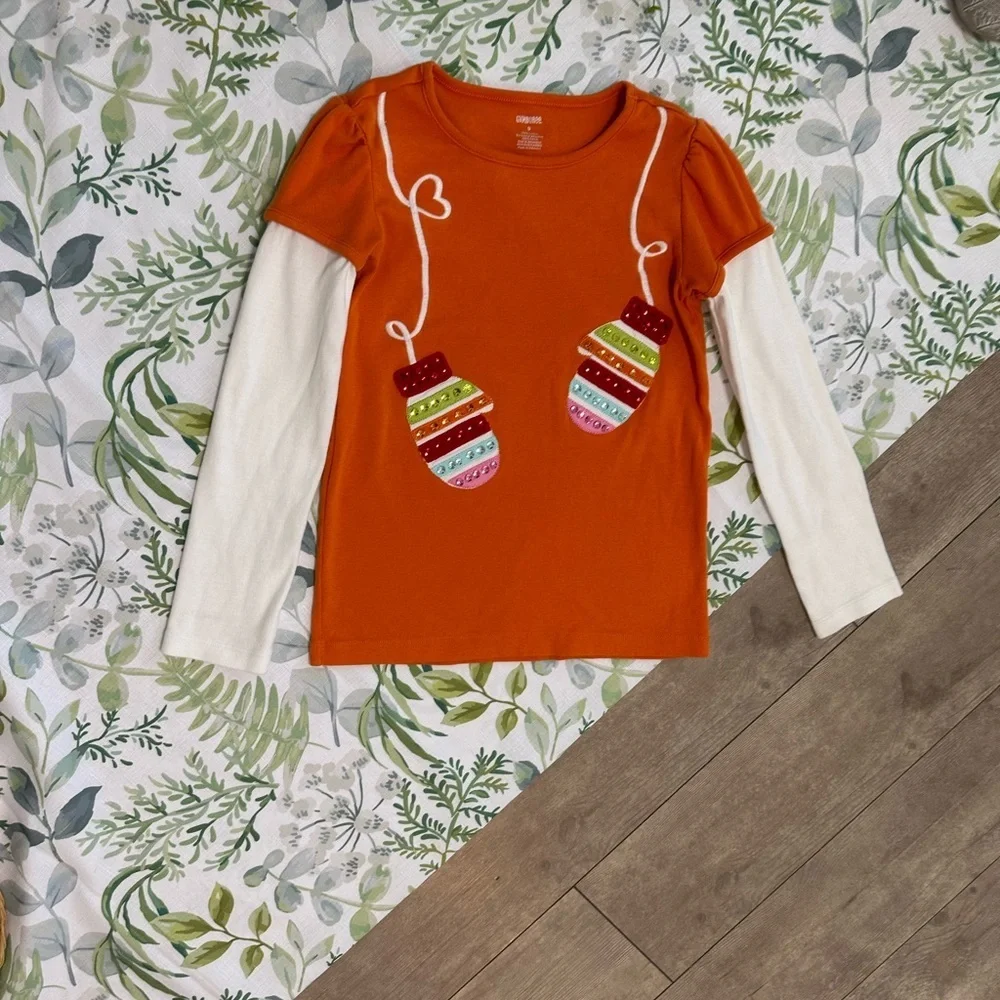 Gymboree Girls Winter Mitten Graphic Cotton Long Sleeve Shirt Jewel Accents sz 9